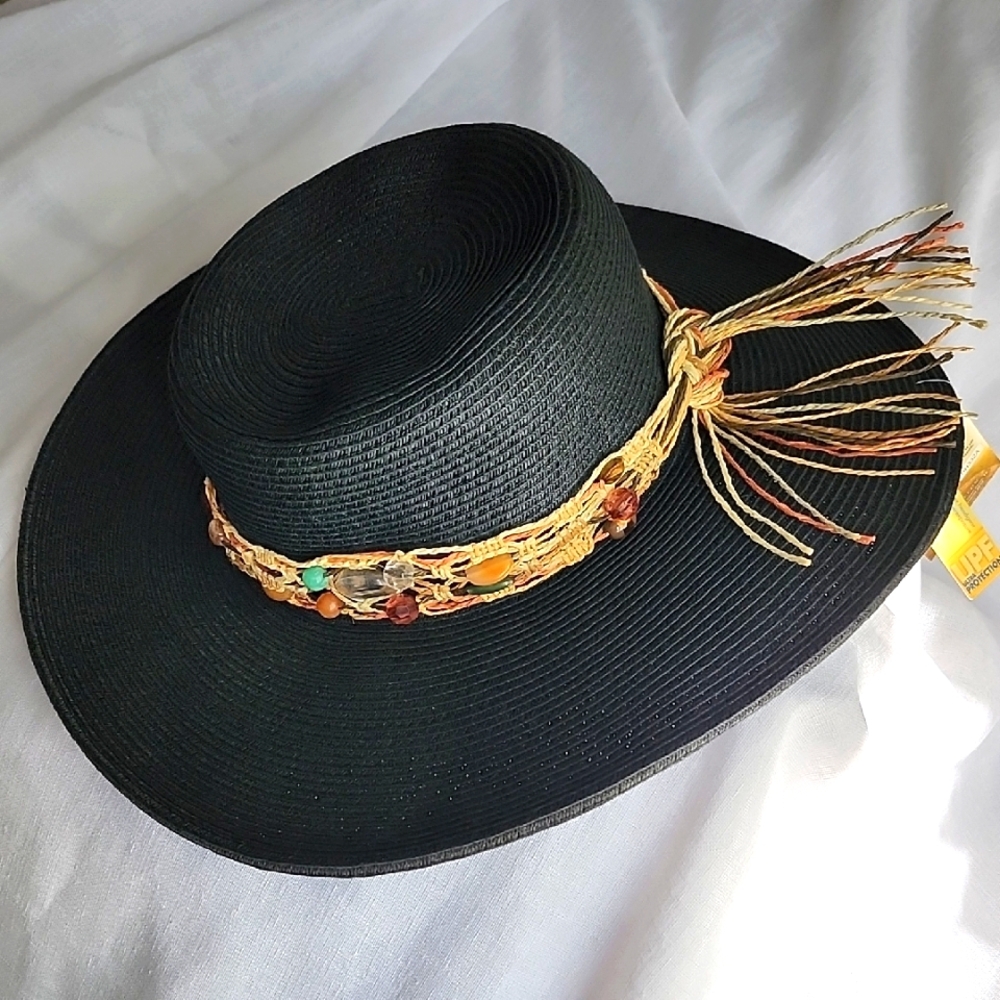 Sun and Sand New W/ Tags Elegant Black Sun Hat WColorful Band, L-XL $25